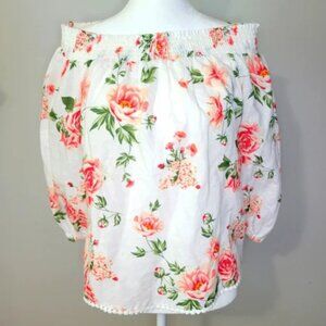 Zara Boho Off Cold Shoulder Boat Neck Smocked Linen Blend Floral Top Shirt-Sz M